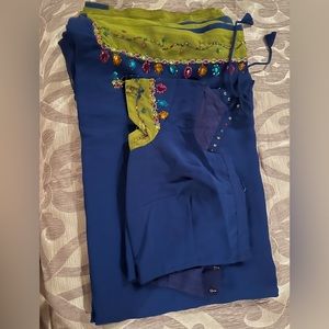 Blue green saree blouse set embroidered Indian outfit